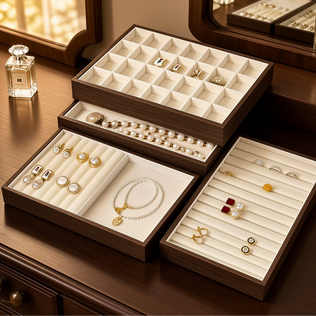 Walnut-Tone Velvet Jewelry Display & Drawer Tray