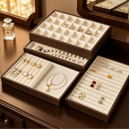 Walnut-Tone Velvet Jewelry Display & Drawer Tray