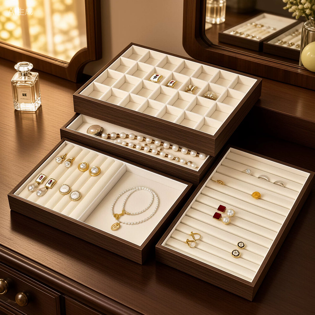 Walnut-Tone Velvet Jewelry Display & Drawer Tray