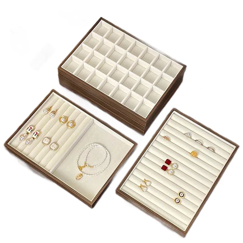 Walnut-Tone Velvet Jewelry Display & Drawer Tray