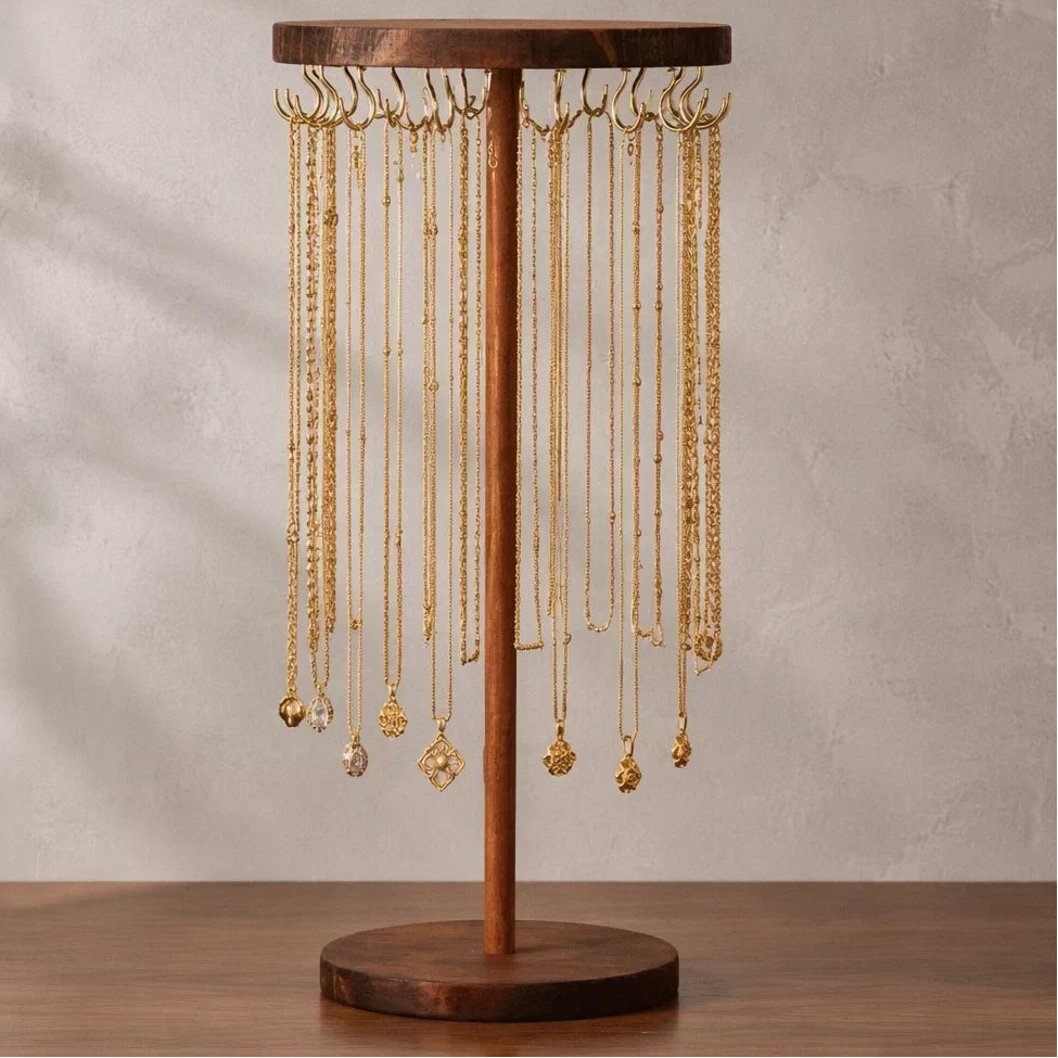 Rotating Walnut-Tone Necklace Display Stand