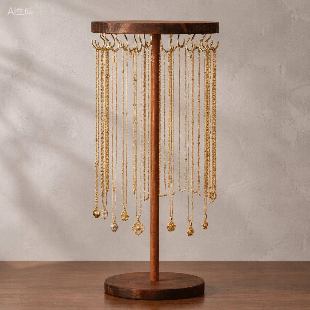 Rotating Walnut-Tone Necklace Display Stand