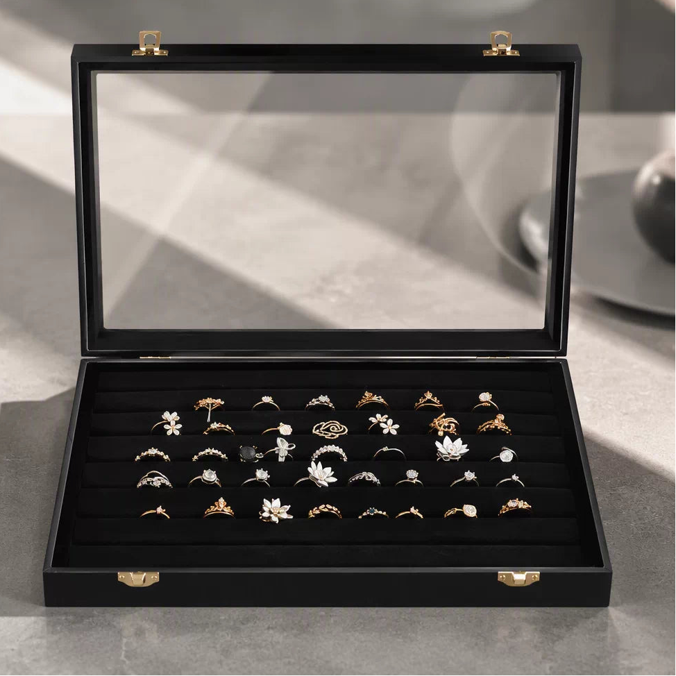 Black Glass-Lid Jewelry Display Box