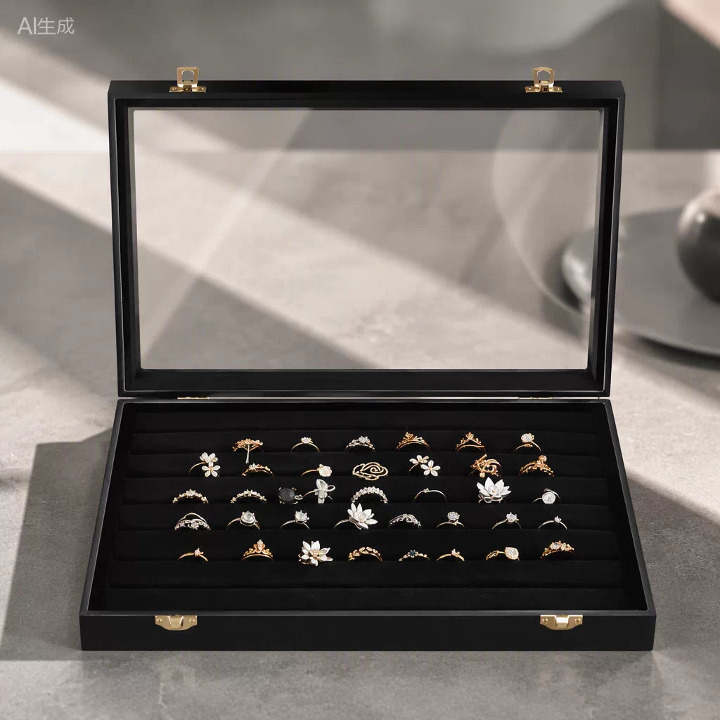 Black Glass-Lid Jewelry Display Box
